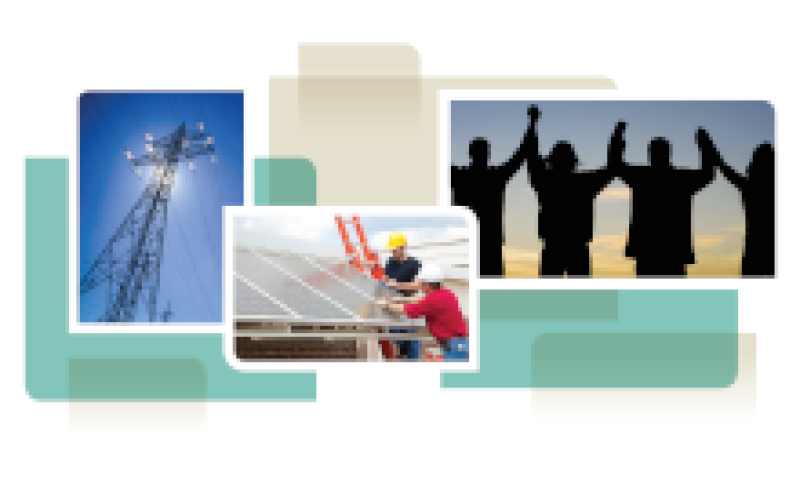 photo collage from cover of white paper, showing solar panel installation, power lines, and people holding hands