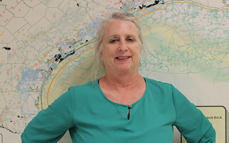 Dr. Susan D. Hovorka stands in front of a map